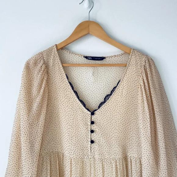 Zara Polka Dot Lace Trim Tiered Babydoll Mini Dress Beige Pink Sz Small - Picture 6 of 8